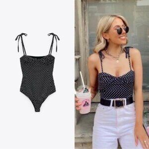 Zara Polka Dot Printed Satin-Effect Bodysuit Black and White Size XS